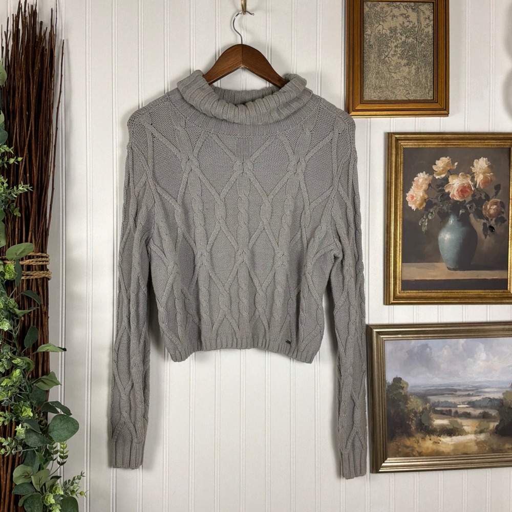 Hollister Sweater Womens Medium Grey Good Cable Knit Turtleneck Cropped